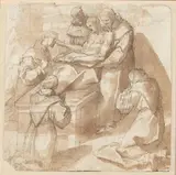 Recto : la mort de Saint François. Verso: investiture de Sainte Claire by Giorgio Picchi, Crayon noir, plume et encre brune, lavis brun, sold Feb 2022