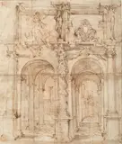 Projet de façade de palais avec les armes d'un cardinal et une colonne salomonique by Cherubino Alberti, Plume et encre brune sur traits de crayon noir et sanguine, lavis brun, sold Feb 2022