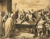 La Résurrection de Lazare by Gabriel Weyer, Plume et encre noire, lavis brun et rehauts de gouache blanche sur papier teinté ocre jaun, sold Feb 2022