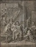 Priam demandant à Achille de lui rendre le corps de son fils Hector by Abraham van Diepenbeck, Plume et encre brune, crayon noir, lavis gris, gouache blanche, sold Feb 2022