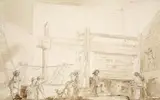 Vue animée d'un pressoir à grande vis by Alexandre Moitte, Lavis brun sur traits de crayon noir, quelques touches de sanguine, sold Feb 2022