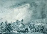 Scène de bataille le long d'un fleuve by Jacques Gamelin, Plume et encre noire, lavis gris et rehauts de gouache blanche sur papier préparé en bleu, sold Feb 2022
