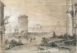 Scène de la Révolution de 1848 dans la cour du Louvre by Jean-Jacques Champin, Crayon noir estompe et rehauts de gouache blanche, sold Feb 2022