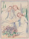 DE IMITATIO/NE JC (L’imitation de Jésus-Christ) - Les Écouteuses à Fiesole, détail pour L’Orgue de L’Eternel Eté by Maurice Denis, 1906, Aquarelle gouachée, sold Feb 2022