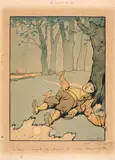 Deux lapins jouant sur un chasseur endormi : « Tiens monte la-dessus tu verras Montmartre by Benjamin Rabier, Aquarelle, plume et encre de Chine, sold Feb 2022