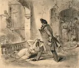 Louis-Philippe tuant la Constitution en 1848 by Jean Ignace Granville, Plume et encre brune, crayon noir, estompe, sold Feb 2022