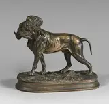 Chien d'arrêt au rapport by Edouard Paul Delabriere, Épreuve en bronze patiné, sold Dec 2021