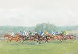 Longchamp, Casaques de Mola, Batthyany, Volterra, Aga Khan, Dupré, Wildenstein, Boussac, Wertheimer, Rothschild by Karl Reille, Gouache signée en bas à droite, sold Jun 2021
