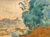 Au bord de la rivière by Tuong Lan Nguyen, Encre de couleurs et aquarelle sur soie, sold Jun 2021