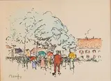 Sous la pluie by Raymond Renefer, Aquarelle sur traits d'encre, sold Jun 2021