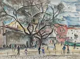 Place de village by André Fraye, Aquarelle signée en bas à droite, sold Nov 2021