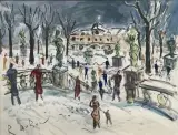 Place animée by Roland Dubuc, Aquarelle gouachée, sold Nov 2021