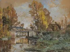 Paysage à la rivière by Alexandre Nozal, Fusain et gouache signé en bas à droite, sold Jul 2009