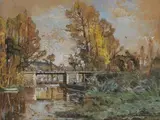 Paysage à la rivière by Alexandre Nozal, Fusain et gouache signé en bas à droite, sold Jul 2009