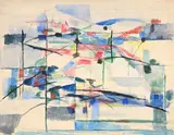 Composition abstraite by Anita de Caro, 1952, Technique mixte, aquarelle, gouache, crayon gras signée et datée en bas à droite, sold Nov 2024