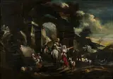 Pastorale à l'aqueduc en ruines by Giovanni Antonio Guardi, Panneau de sapin, trois planches, non parqueté (un renfort), sold Nov 2024