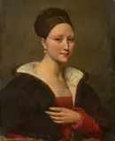Portrait de jeune femme à la perle en costume Renaissance by Jean-Pierre Granger, Toile d'origine, sold Nov 2024