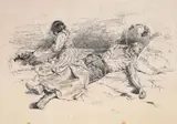 Homme étendu avec une fillette by Osvaldo Tofani, Plume et encre noire sur traits de crayon noir, sold Oct 2024