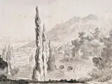 Paysage à la cascade by Pierre Lacour, Lavis gris sur traits de crayon noir, sold Oct 2024