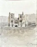 Feuille d'études recto-verso : la cathédrale saint Maurice à Vienne/éléments architecturaux by Antoine Claude Ponthus-Cinier, Plume et encre noire, lavis gris et lavis brun sur traits de crayon noir, sold Oct 2024