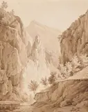 Le pont au-dessus des gorges, probablement le passage de la Chartreuse by Fleury Épinat, Plume et encre brune, lavis brun sur traits de crayon noir, sold Oct 2024