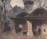 Vue animée d'une ruelle by Eugène Deshayes, Aquarelle gouachée sur traits de crayon noir, sold Oct 2024