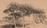 Paysage méditerranéen by Gustave Achille Guillaumet, Crayon noir et estompe, rehauts de crayon bleu, sold Oct 2024