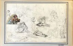 Feuille d'études recto-verso de personnages, femmes et enfants by Léon Comerre, Crayon noir et rehauts d'aquarelle sur la partie gauche, sold Oct 2024