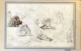 Feuille d'études recto-verso de personnages, femmes et enfants by Léon Comerre, Crayon noir et rehauts d'aquarelle sur la partie gauche, sold Oct 2024