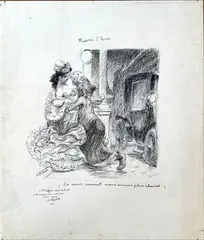 Nudités d'hiver by Adolphe Léon Willette, Plume et encre noire, lavis brun sur traits de crayon bleu, sold Oct 2024
