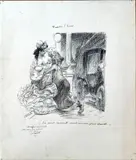Nudités d'hiver by Adolphe Léon Willette, Plume et encre noire, lavis brun sur traits de crayon bleu, sold Oct 2024