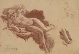 Nu féminin allongé, reprise du pied en bas à droite by Ker-Xavier Roussel, Sanguine et rehauts de gouache blanche, sold Oct 2024
