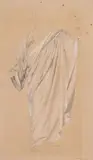 Etude d'homme drapé by Émile Lévy, Crayon noir et rehauts de craie blanche sur papier beige, sold Oct 2024