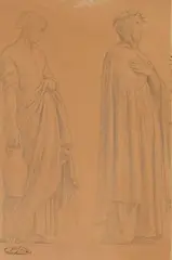 Feuille d'étude avec deux figures de saintes by Hippolyte Flandrin, Crayon noir sur papier beige, sold Oct 2024