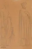 Feuille d'étude avec deux figures de saintes by Hippolyte Flandrin, Crayon noir sur papier beige, sold Oct 2024