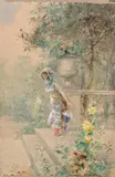 Elégante dans un jardin by Clemente Pujol de Gustavino, Aquarelle gouachée sur traits de crayon noir, sold Oct 2024