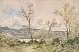 Paysage fluvial près de Bougival by Paul Roux, Aquarelle sur traits de crayon noir, sold Oct 2024