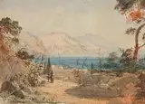 Vue animée de la côte près de Nice by Emmanuel Costa, Aquarelle sur traits de crayon noir, sold Oct 2024