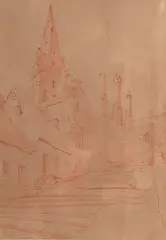 Vue d'une église by Eugène Isabey, Sanguine sur papier beige, sold Oct 2024