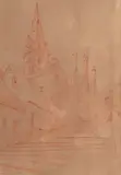 Vue d'une église by Eugène Isabey, Sanguine sur papier beige, sold Oct 2024