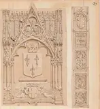 Deux relevés d'éléments architecturaux gothiques sur un même montage by Adolphe Rouargue, Plume et encre brune, lavis brun et rehauts de gouache blanche, sold Oct 2024