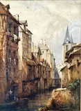 Vue animée d'une rivière traversant une ville by Jean Isidore Bourgeois, Aquarelle gouachée sur traits de crayon noir et rehauts de gouache blanche, sold Oct 2024