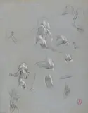 Feuille d'études d'enfants by Georges Picard, Crayon noir et rehauts de craie blanche sur papier bleu, sold Oct 2024