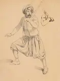 Soldat oriental, reprise du bras en haut à droite by Hippolyte Bellangé, Crayon noir et plume et encre brune, sold Oct 2024