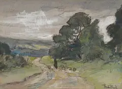 Route dans un vallon arboré by Théophile de Bock, Aquarelle gouachée sur traits de crayon noir sur papier mi-teinte, sold Oct 2024