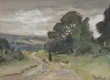 Route dans un vallon arboré by Théophile de Bock, Aquarelle gouachée sur traits de crayon noir sur papier mi-teinte, sold Oct 2024