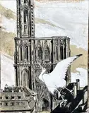 Cigogne devant la cathédrale de Strasbourg by Jerzy Ostoja-Soszynski, Fusain et réhauts de gouache blanche signé à droite vers le milieu, sold Oct 2024