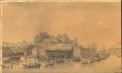 Vue du plateau des Capucins à Brest, le long de la Penfeld by Louis-François Cassas, 1777, Plume et encre noire, lavis gris et rehauts d'aquarelle, sold Nov 2024