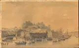Vue du plateau des Capucins à Brest, le long de la Penfeld by Louis-François Cassas, 1777, Plume et encre noire, lavis gris et rehauts d'aquarelle, sold Nov 2024