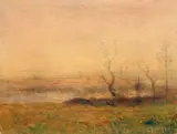 Étang de la Levaz, Morestel by François-Auguste Ravier, Aquarelle sur crayon et rehauts de gouache sur papier signée du monogramme à la plume en b, sold Nov 2024